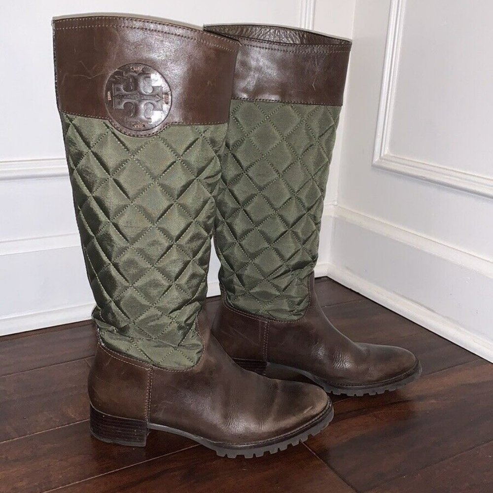 Tory Burch Rowan Green and Brown Leather Quilted Riding Boots Size 7.5